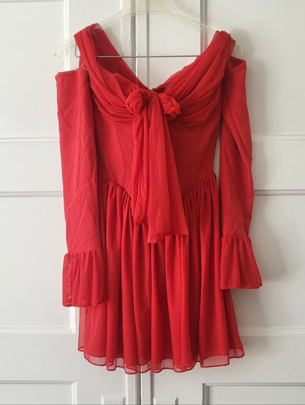 HOUSE OF CB Sample Red Mesh Mini Dress Bow Long Sleeves Cold Shoulder XS Tall